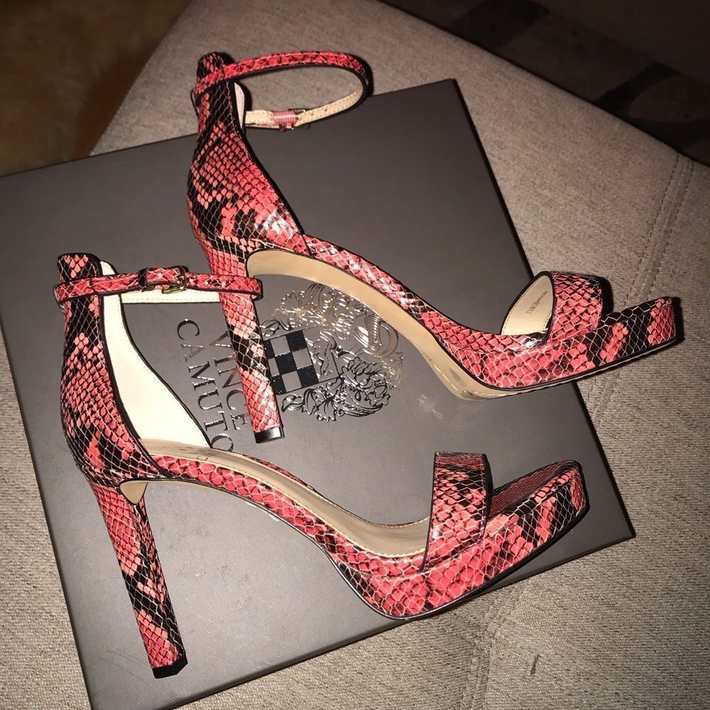 VINCE CAMUTO WATERMELON RETO-PYTHON HEELS